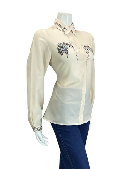 VTG 60S 70S CREAM BROWN NAVY BLUE ROMANTIC ART DECO FLORAL DETAILING SHIRT 16