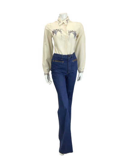 VTG 60S 70S CREAM BROWN NAVY BLUE ROMANTIC ART DECO FLORAL DETAILING SHIRT 16