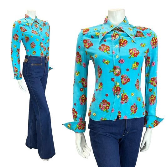 VTG 60S 70S BLUE RED PINK GREEN YELLOW FLORAL DAGGER NEAPOLITAN SLEEVE SHIRT 10