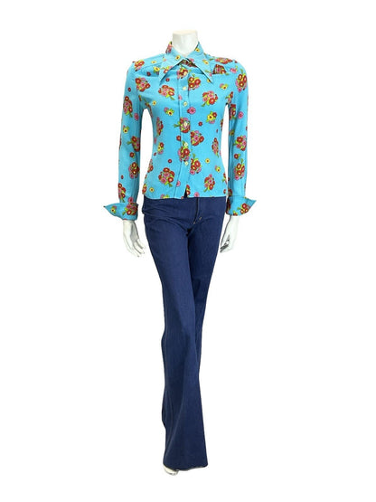 VTG 60S 70S BLUE RED PINK GREEN YELLOW FLORAL DAGGER NEAPOLITAN SLEEVE SHIRT 10
