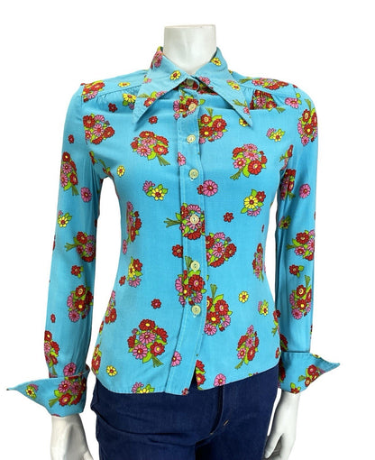 VTG 60S 70S BLUE RED PINK GREEN YELLOW FLORAL DAGGER NEAPOLITAN SLEEVE SHIRT 10