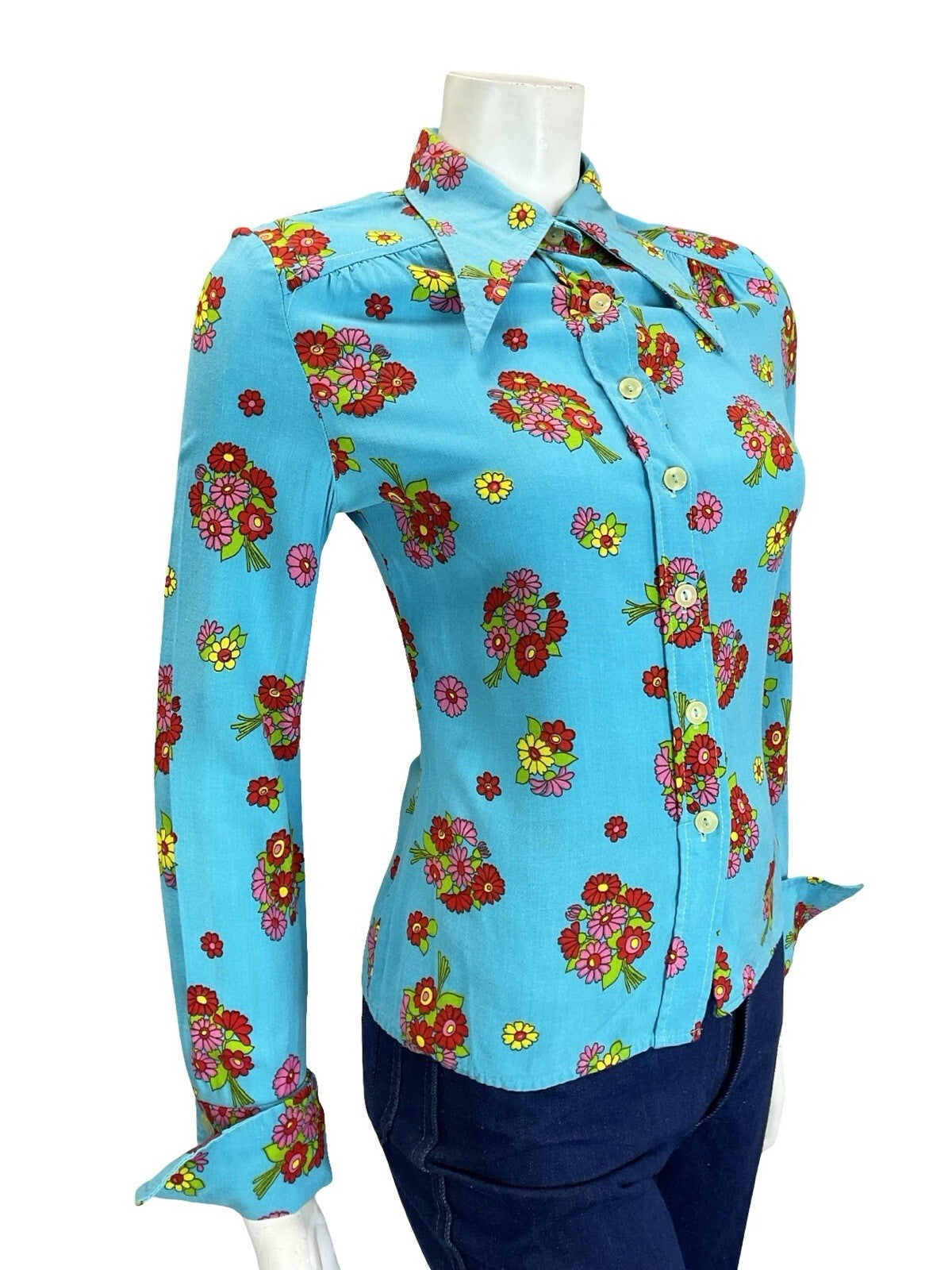 VTG 60S 70S BLUE RED PINK GREEN YELLOW FLORAL DAGGER NEAPOLITAN SLEEVE SHIRT 10