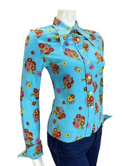 VTG 60S 70S BLUE RED PINK GREEN YELLOW FLORAL DAGGER NEAPOLITAN SLEEVE SHIRT 10
