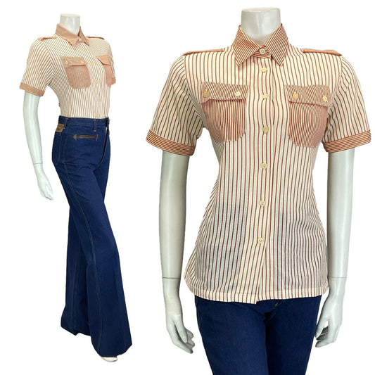 VTG 60S 70S CREAM ORANGE STRIPE UTILITY EPAULETTE MOD SHIRT W/ POCKETS 12