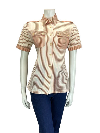 VTG 60S 70S CREAM ORANGE STRIPE UTILITY EPAULETTE MOD SHIRT W/ POCKETS 12