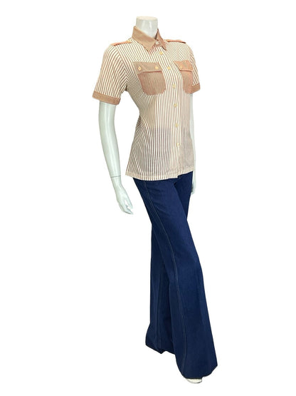 VTG 60S 70S CREAM ORANGE STRIPE UTILITY EPAULETTE MOD SHIRT W/ POCKETS 12