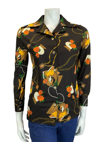 VTG 60S 70S BROWN ORANGE YELLOW CREAM WOMAN ROSE ART DECO DAGGER NOTCH SHIRT 10