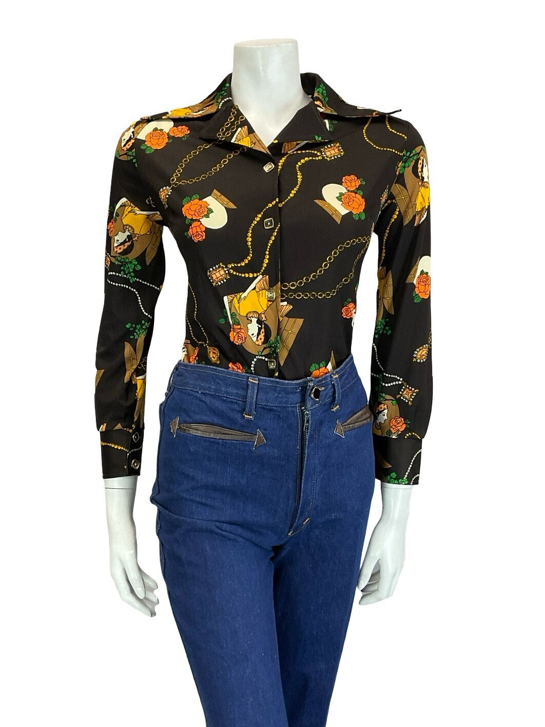 VTG 60S 70S BROWN ORANGE YELLOW CREAM WOMAN ROSE ART DECO DAGGER NOTCH SHIRT 10