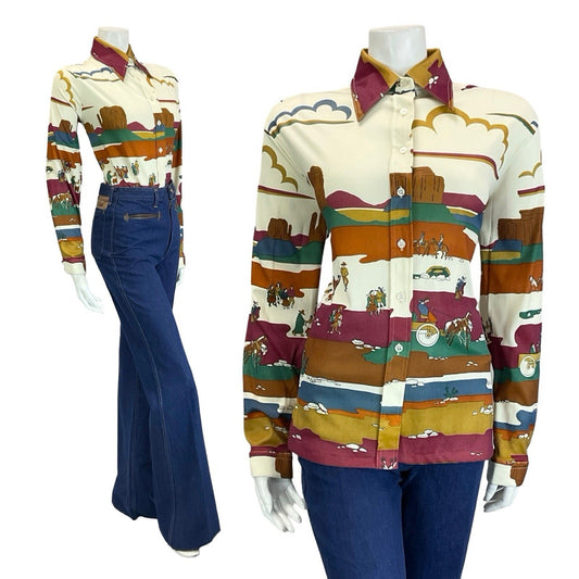 VTG 60S 70S CREAM RED BROWN BLUE GREEN WESTERN INDIAN CANYON SCENE SHIRT 16