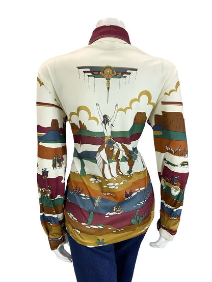 VTG 60S 70S CREAM RED BROWN BLUE GREEN WESTERN INDIAN CANYON SCENE SHIRT 16