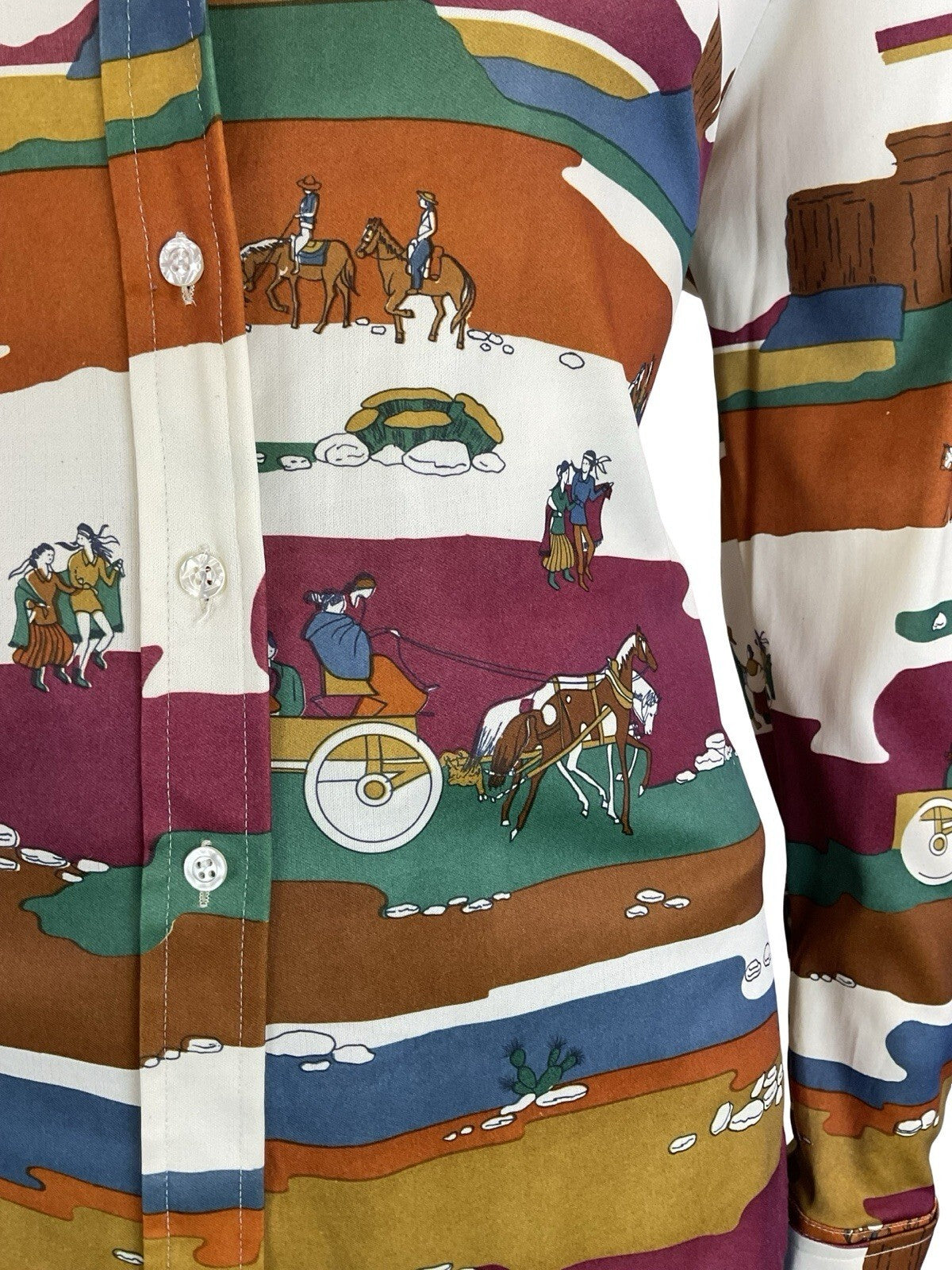 VTG 60S 70S CREAM RED BROWN BLUE GREEN WESTERN INDIAN CANYON SCENE SHIRT 16