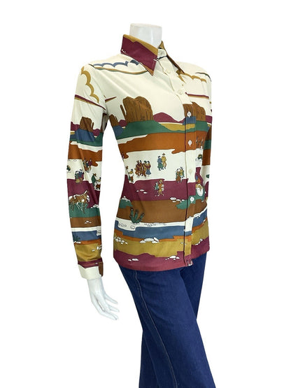 VTG 60S 70S CREAM RED BROWN BLUE GREEN WESTERN INDIAN CANYON SCENE SHIRT 16