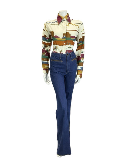 VTG 60S 70S CREAM RED BROWN BLUE GREEN WESTERN INDIAN CANYON SCENE SHIRT 16