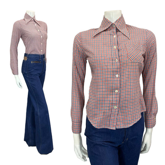 VTG 60S 70S PRAIRIE COTTAGE RED WHITE BLUE GINGHAM DAGGER COLLAR SHIRT S 8 10