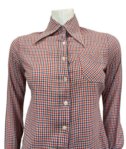 VTG 60S 70S PRAIRIE COTTAGE RED WHITE BLUE GINGHAM DAGGER COLLAR SHIRT S 8 10