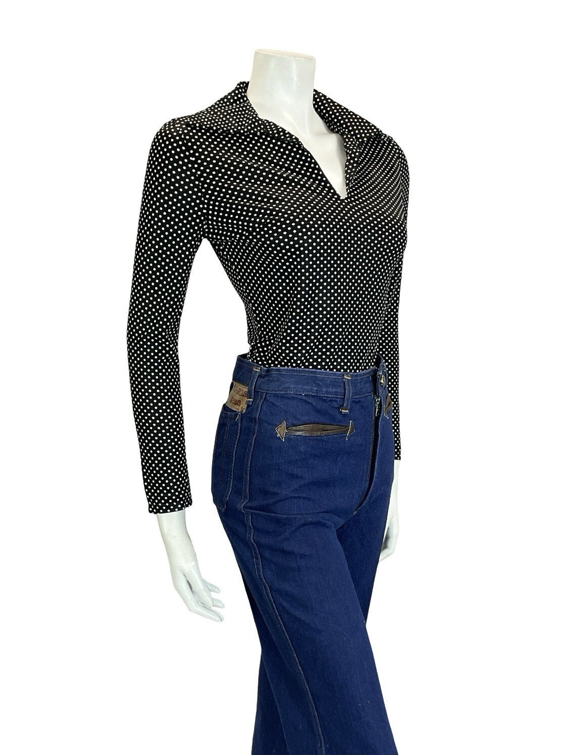 VTG 60S 70S BLACK WHITE GEOMETRIC POLKA DOT OPEN WING COLLAR STRETCHY BLOUSE 6