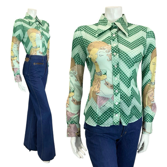 VTG 60S 70S GREEN CREAM BLUE ART DECO ZIG ZAG WOMAN ILLUSTRATION DAGGER SHIRT 8