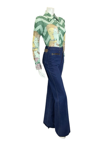 VTG 60S 70S GREEN CREAM BLUE ART DECO ZIG ZAG WOMAN ILLUSTRATION DAGGER SHIRT 8