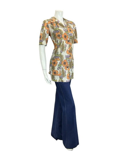 VTG 60S 70S CREAM ORANGE PINK YELLOW POPPY FLORAL NOTCH LAPEL TUNIC SHIRT 12