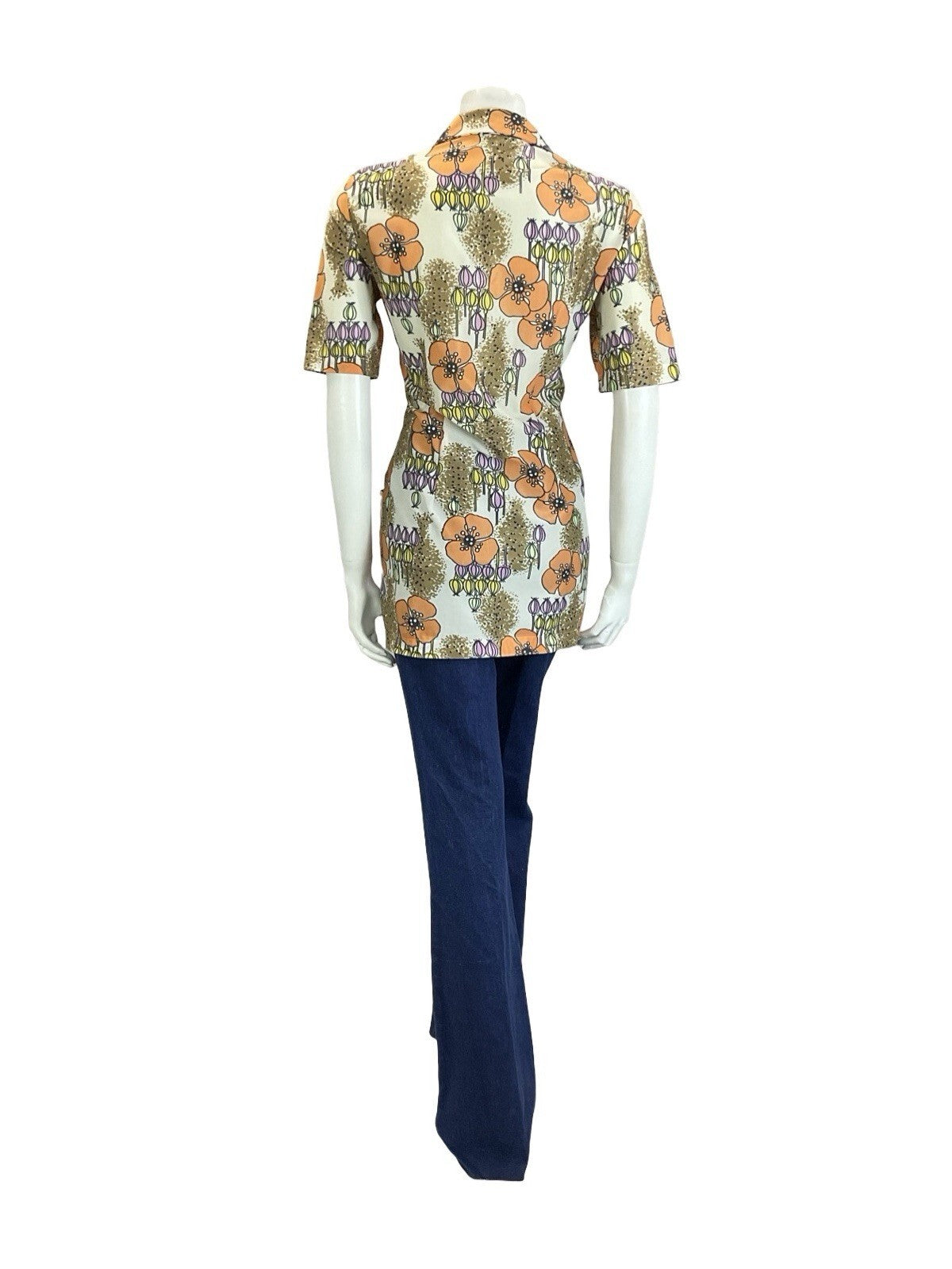 VTG 60S 70S CREAM ORANGE PINK YELLOW POPPY FLORAL NOTCH LAPEL TUNIC SHIRT 12