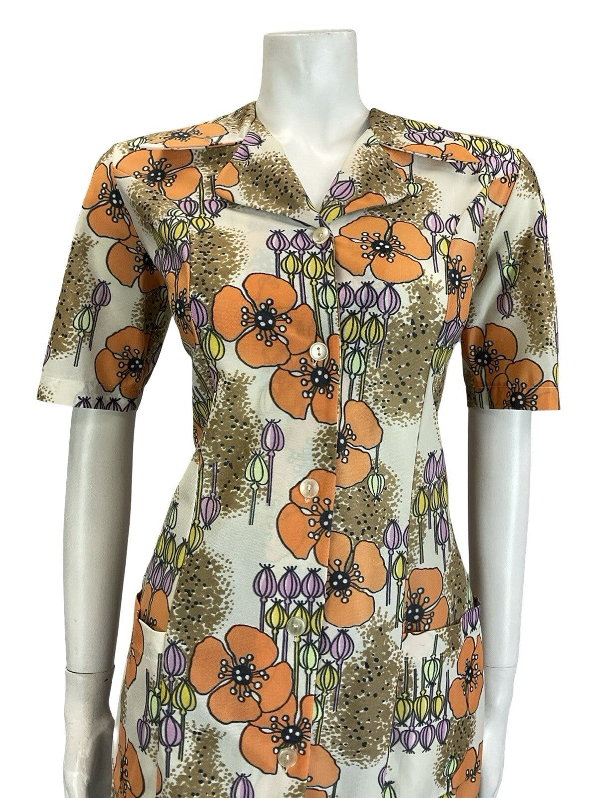 VTG 60S 70S CREAM ORANGE PINK YELLOW POPPY FLORAL NOTCH LAPEL TUNIC SHIRT 12