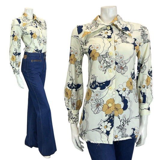 VTG 60S 70S WHITE BEIGE NAVY BLUE BLACK FLORAL SWIRL DAGGER COLLAR SHIRT 10
