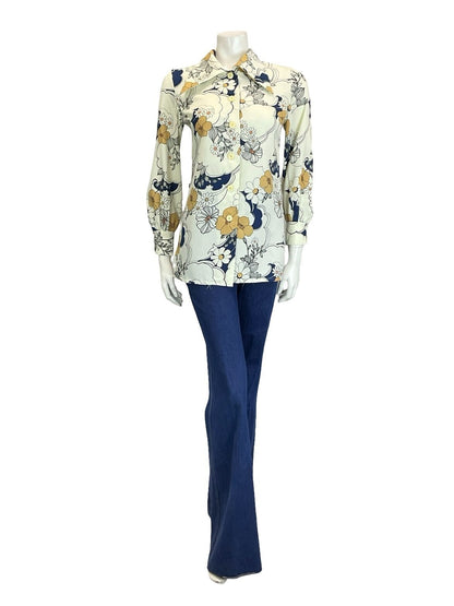 VTG 60S 70S WHITE BEIGE NAVY BLUE BLACK FLORAL SWIRL DAGGER COLLAR SHIRT 10