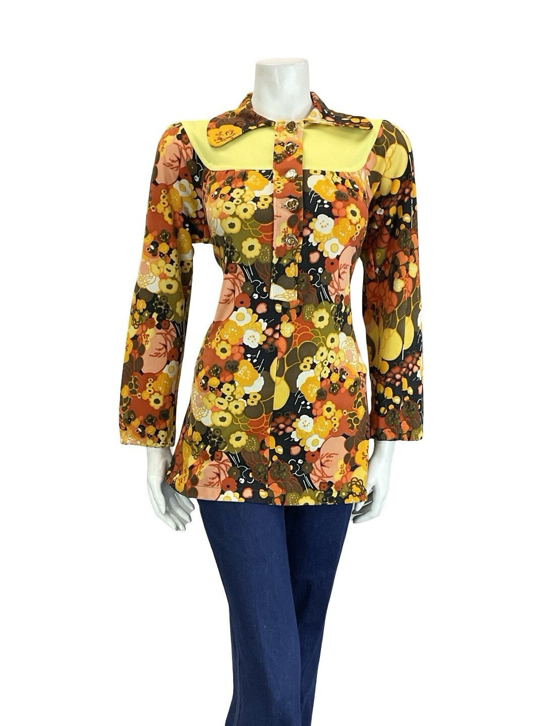 VTG 60S 70S BROWN YELLOW ORANGE PSYCHEDELIC FLORAL DOG EAR YOKE SMOCK BLOUSE 12