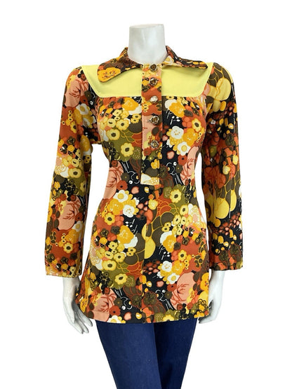 VTG 60S 70S BROWN YELLOW ORANGE PSYCHEDELIC FLORAL DOG EAR YOKE SMOCK BLOUSE 12