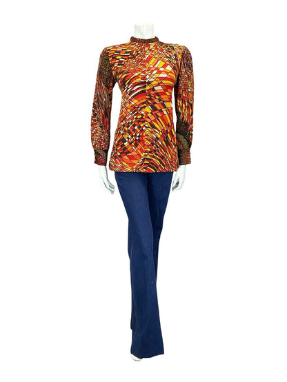 VTG 60S 70S RED ORANGE BROWN YELLOW PSYCHEDELIC GEOMETRIC LINE BLOUSE 8 6