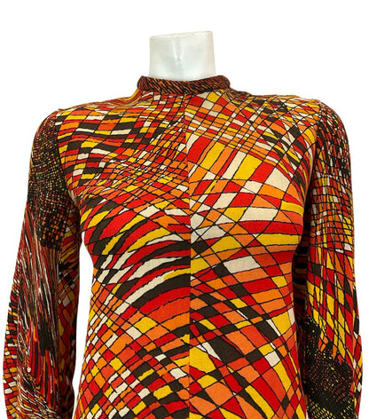 VTG 60S 70S RED ORANGE BROWN YELLOW PSYCHEDELIC GEOMETRIC LINE BLOUSE 8 6