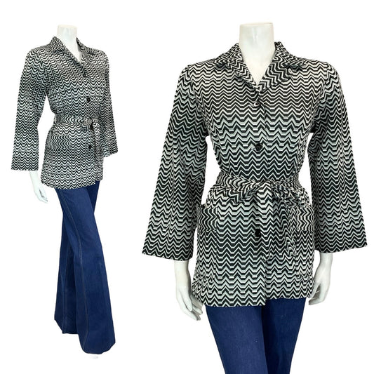 VTG 60S 70S BLACK WHITE GREY GEOMETRIC ZIGZAG TIE WAIST JOHNNY COLLAR SHIRT 12