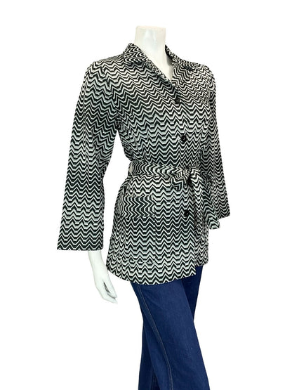 VTG 60S 70S BLACK WHITE GREY GEOMETRIC ZIGZAG TIE WAIST JOHNNY COLLAR SHIRT 12
