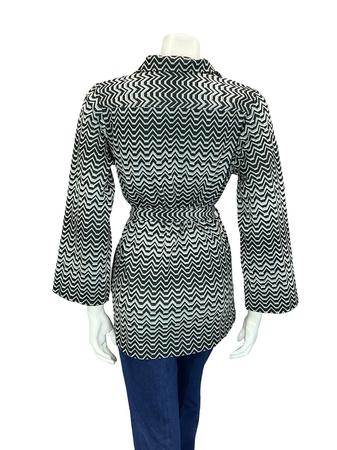 VTG 60S 70S BLACK WHITE GREY GEOMETRIC ZIGZAG TIE WAIST JOHNNY COLLAR SHIRT 12