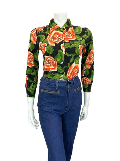 VTG 90S DOES 70S ROSE FORAL RED CREAM GREEN BLACK DAGGER COLLAR SHIRT 10