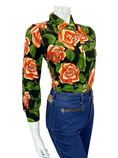 VTG 90S DOES 70S ROSE FORAL RED CREAM GREEN BLACK DAGGER COLLAR SHIRT 10