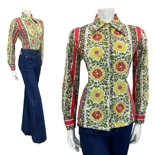 VTG 60S 70S FLORAL GEOMETRIC FOLK LEAFY MANDALA WHITE RED GREEN YELLOW SHIRT 14