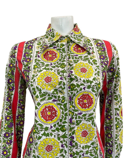 VTG 60S 70S FLORAL GEOMETRIC FOLK LEAFY MANDALA WHITE RED GREEN YELLOW SHIRT 14