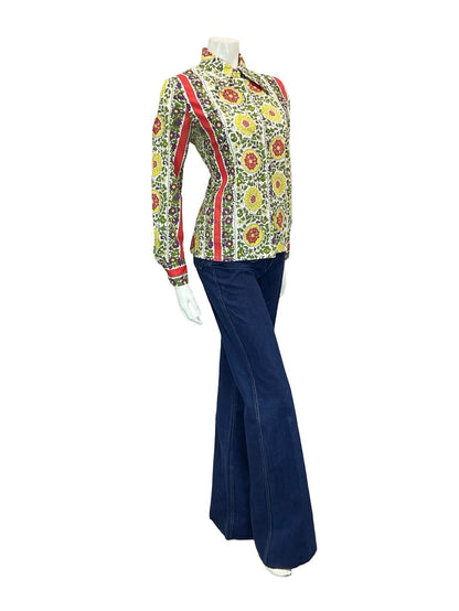 VTG 60S 70S FLORAL GEOMETRIC FOLK LEAFY MANDALA WHITE RED GREEN YELLOW SHIRT 14