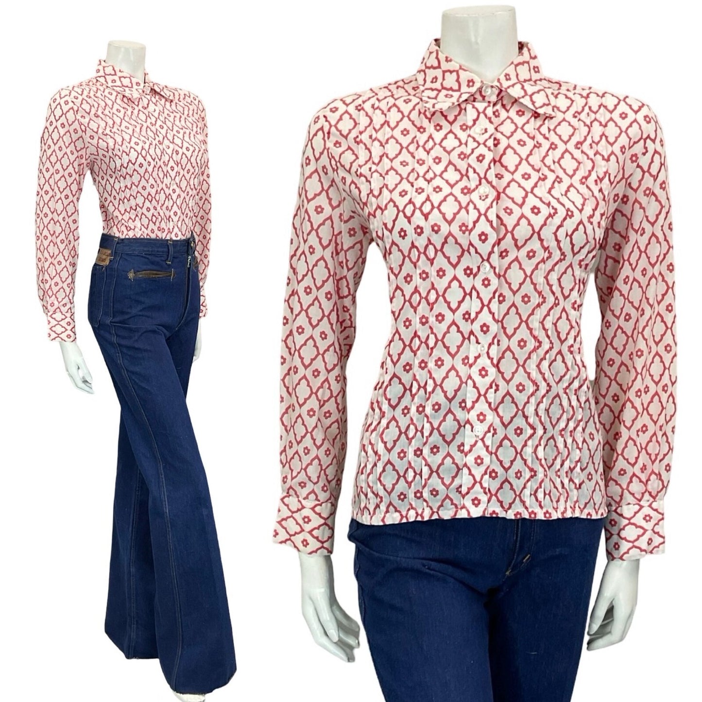 VTG 60S 70S RED WHITE DIAMOND DAISY GEOMETRIC MOD SPOON COLLAR PLEATED SHIRT 12