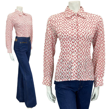 VTG 60S 70S RED WHITE DIAMOND DAISY GEOMETRIC MOD SPOON COLLAR PLEATED SHIRT 12
