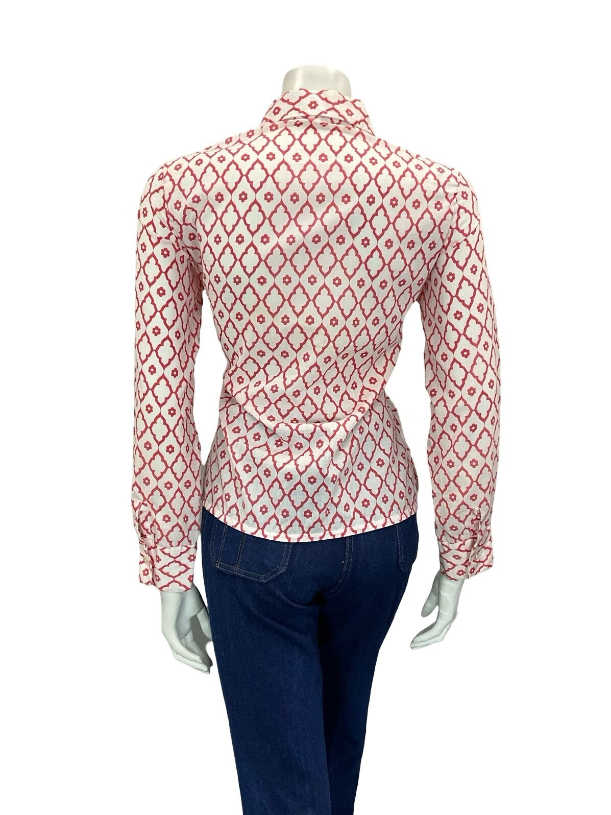 VTG 60S 70S RED WHITE DIAMOND DAISY GEOMETRIC MOD SPOON COLLAR PLEATED SHIRT 12