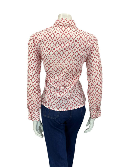 VTG 60S 70S RED WHITE DIAMOND DAISY GEOMETRIC MOD SPOON COLLAR PLEATED SHIRT 12