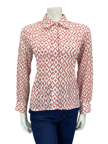 VTG 60S 70S RED WHITE DIAMOND DAISY GEOMETRIC MOD SPOON COLLAR PLEATED SHIRT 12
