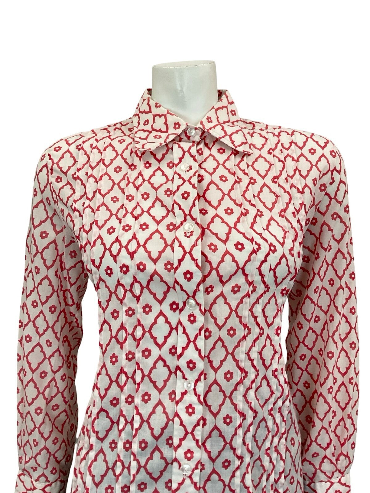VTG 60S 70S RED WHITE DIAMOND DAISY GEOMETRIC MOD SPOON COLLAR PLEATED SHIRT 12