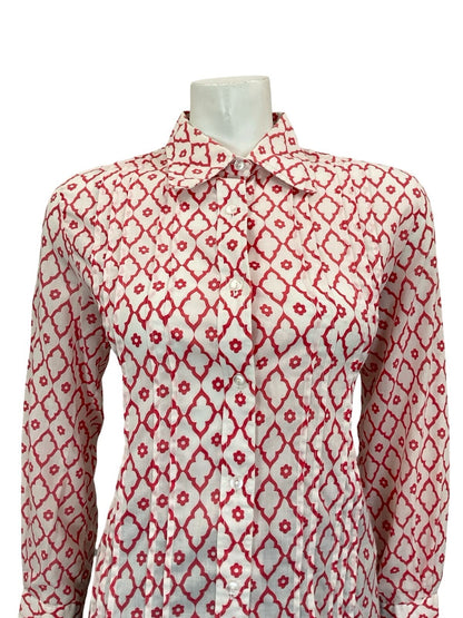 VTG 60S 70S RED WHITE DIAMOND DAISY GEOMETRIC MOD SPOON COLLAR PLEATED SHIRT 12