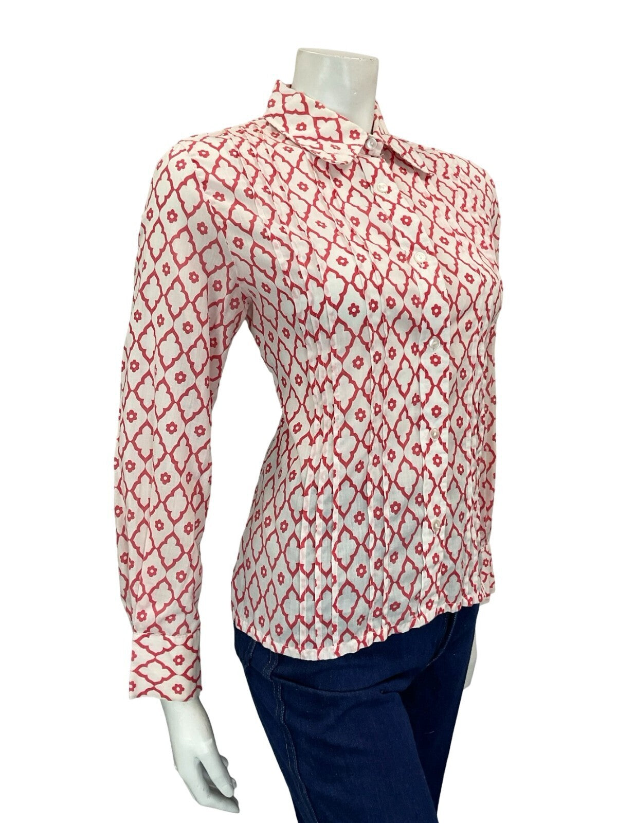 VTG 60S 70S RED WHITE DIAMOND DAISY GEOMETRIC MOD SPOON COLLAR PLEATED SHIRT 12
