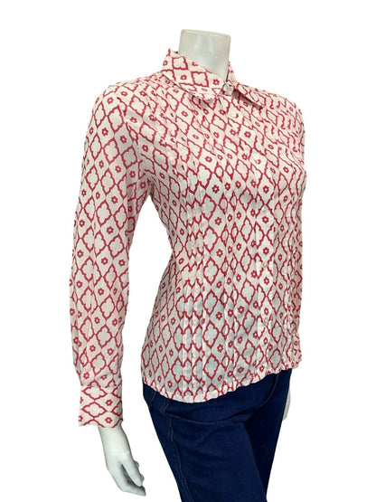 VTG 60S 70S RED WHITE DIAMOND DAISY GEOMETRIC MOD SPOON COLLAR PLEATED SHIRT 12