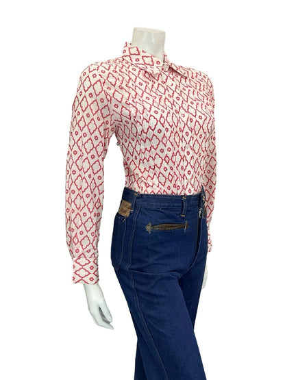 VTG 60S 70S RED WHITE DIAMOND DAISY GEOMETRIC MOD SPOON COLLAR PLEATED SHIRT 12