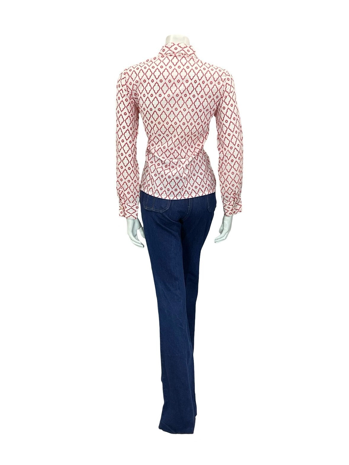 VTG 60S 70S RED WHITE DIAMOND DAISY GEOMETRIC MOD SPOON COLLAR PLEATED SHIRT 12